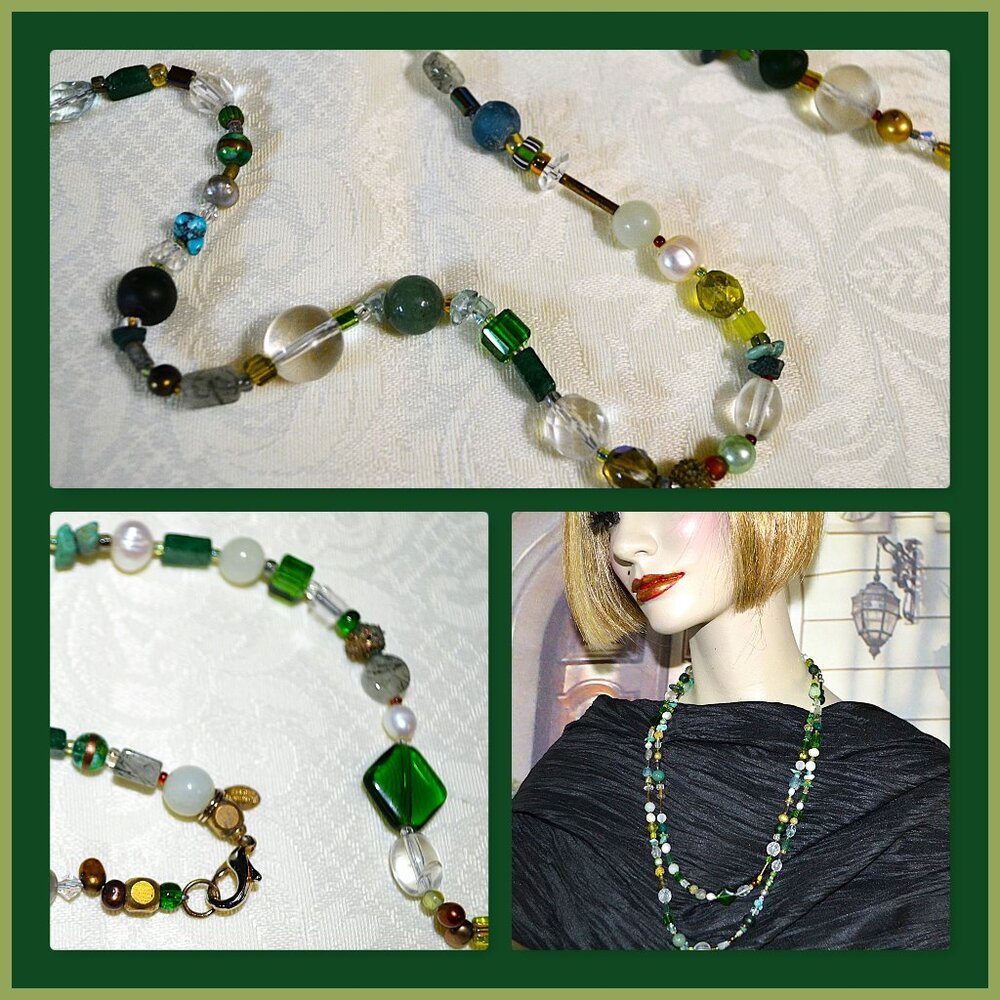 Necklace 52" by Artist Elise Roberts Signed Freshwater Pearls Tuareg Brass Beads